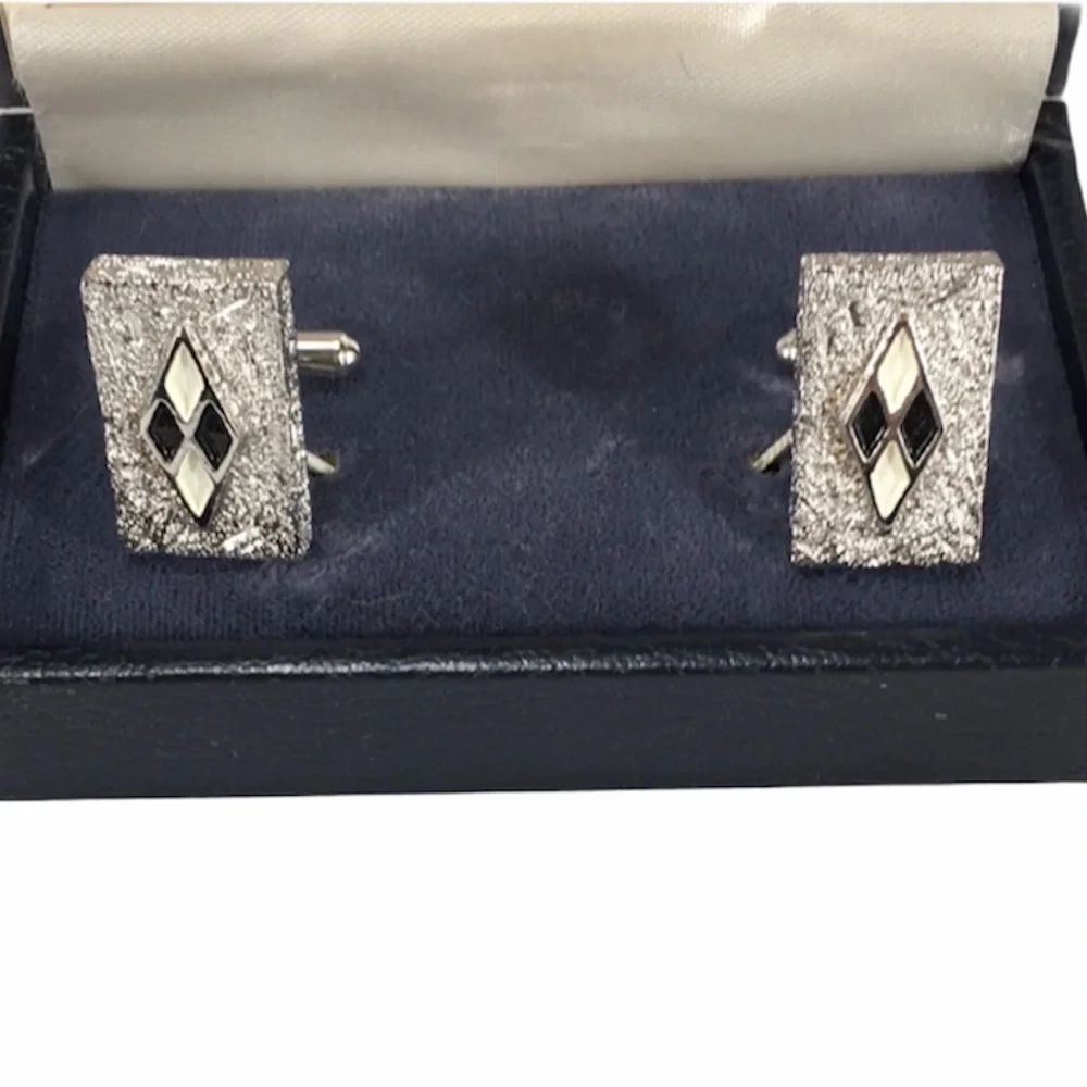 Cesting Rectangle Diamond Cuff Links, Black, Cream